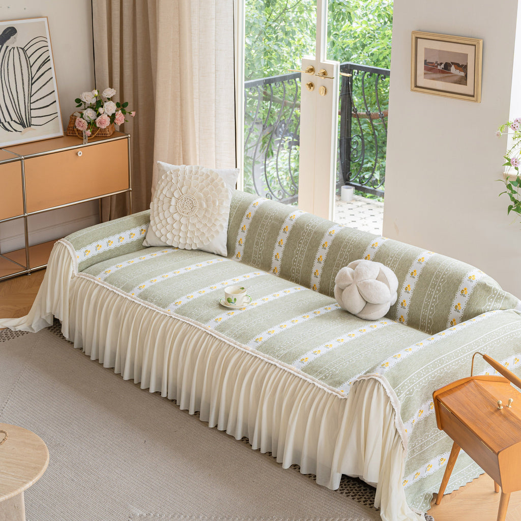 Daisy Striped Sofa Cover with Sheer Ruffle Skirt, Floral Soft Slipcover Blanket