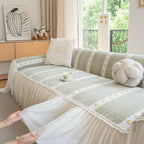 Daisy Striped Sofa Cover with Sheer Ruffle Skirt, Floral Soft Slipcover Blanket