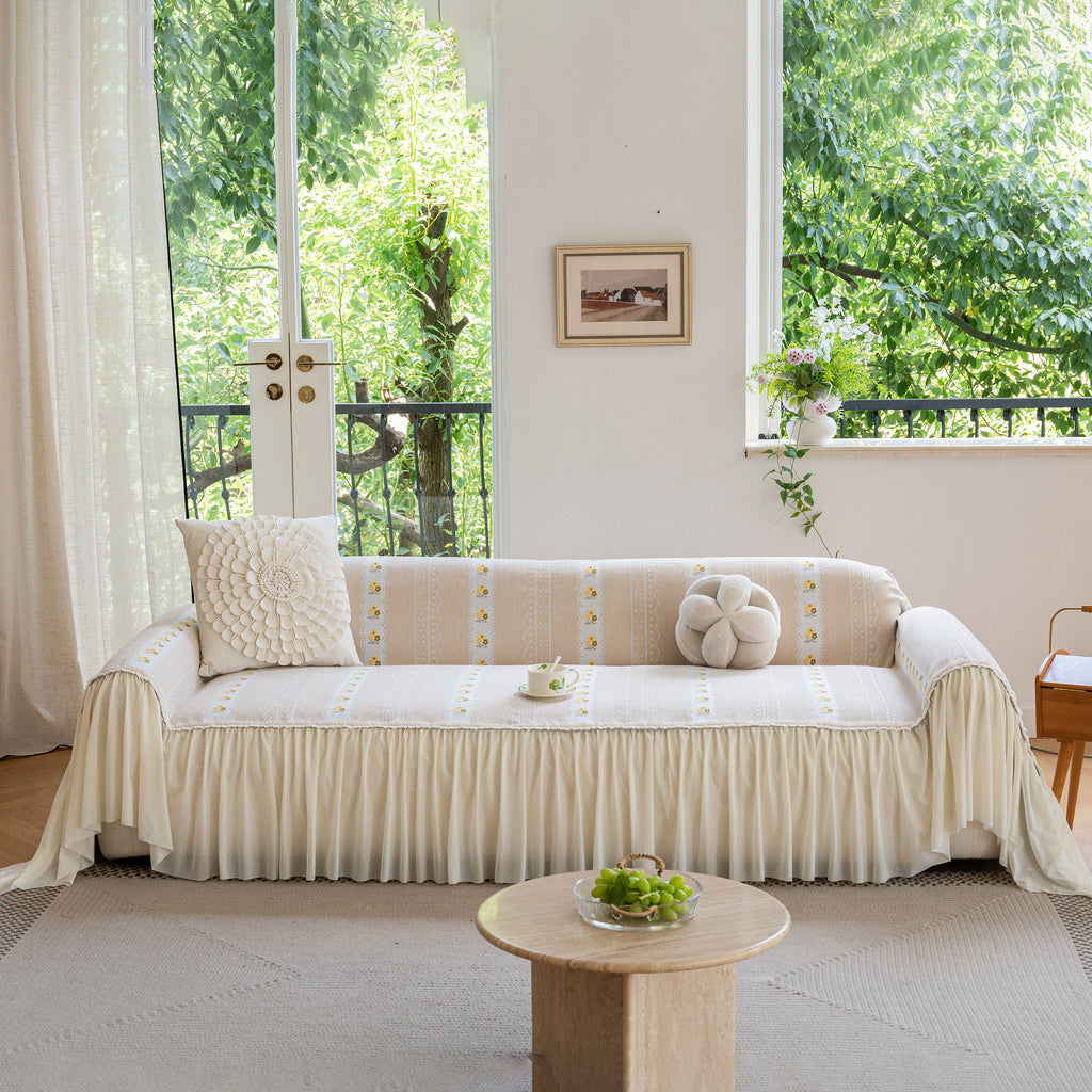 Daisy Striped Sofa Cover with Sheer Ruffle Skirt, Floral Soft Slipcover Blanket