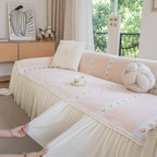 Daisy Striped Sofa Cover with Sheer Ruffle Skirt, Floral Soft Slipcover Blanket