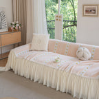 Daisy Striped Sofa Cover with Sheer Ruffle Skirt, Floral Soft Slipcover Blanket