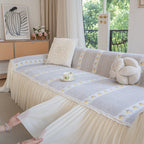 Daisy Striped Sofa Cover with Sheer Ruffle Skirt, Floral Soft Slipcover Blanket