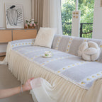 Daisy Striped Sofa Cover with Sheer Ruffle Skirt, Floral Soft Slipcover Blanket