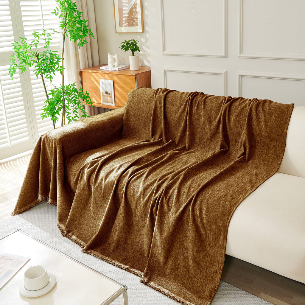 Solid Color Chenille Sofa Throw Blanket, Soft & Plush Decorative Couch Throw Cover