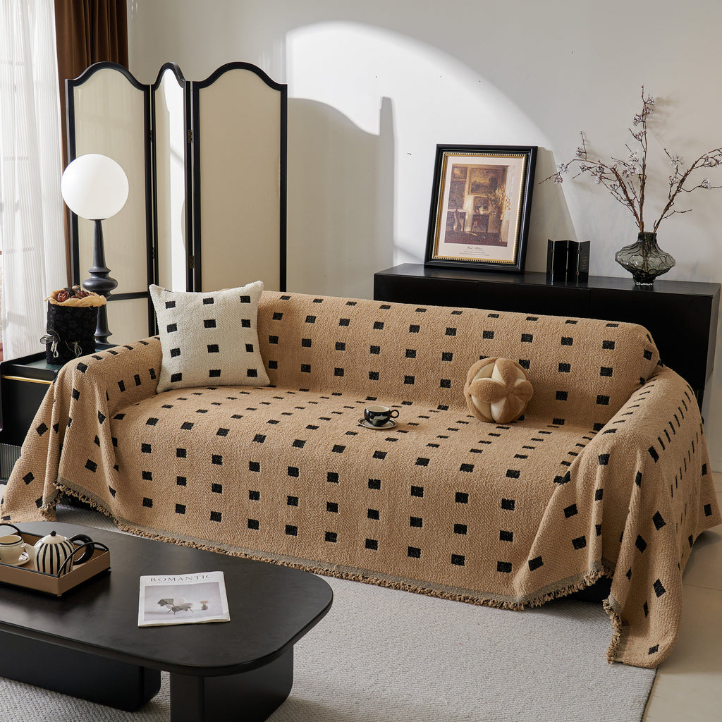 Sofa Throw Blanket with Woven Geometric Pattern & Tassels, Soft & Thick Couch Cover