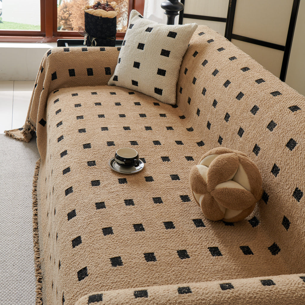 Sofa Throw Blanket with Woven Geometric Pattern & Tassels, Soft & Thick Couch Cover