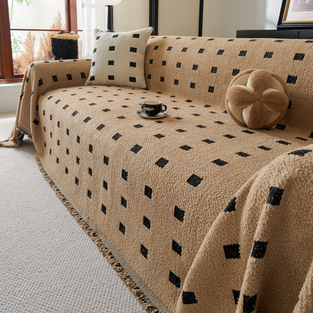 Sofa Throw Blanket with Woven Geometric Pattern & Tassels, Soft & Thick Couch Cover