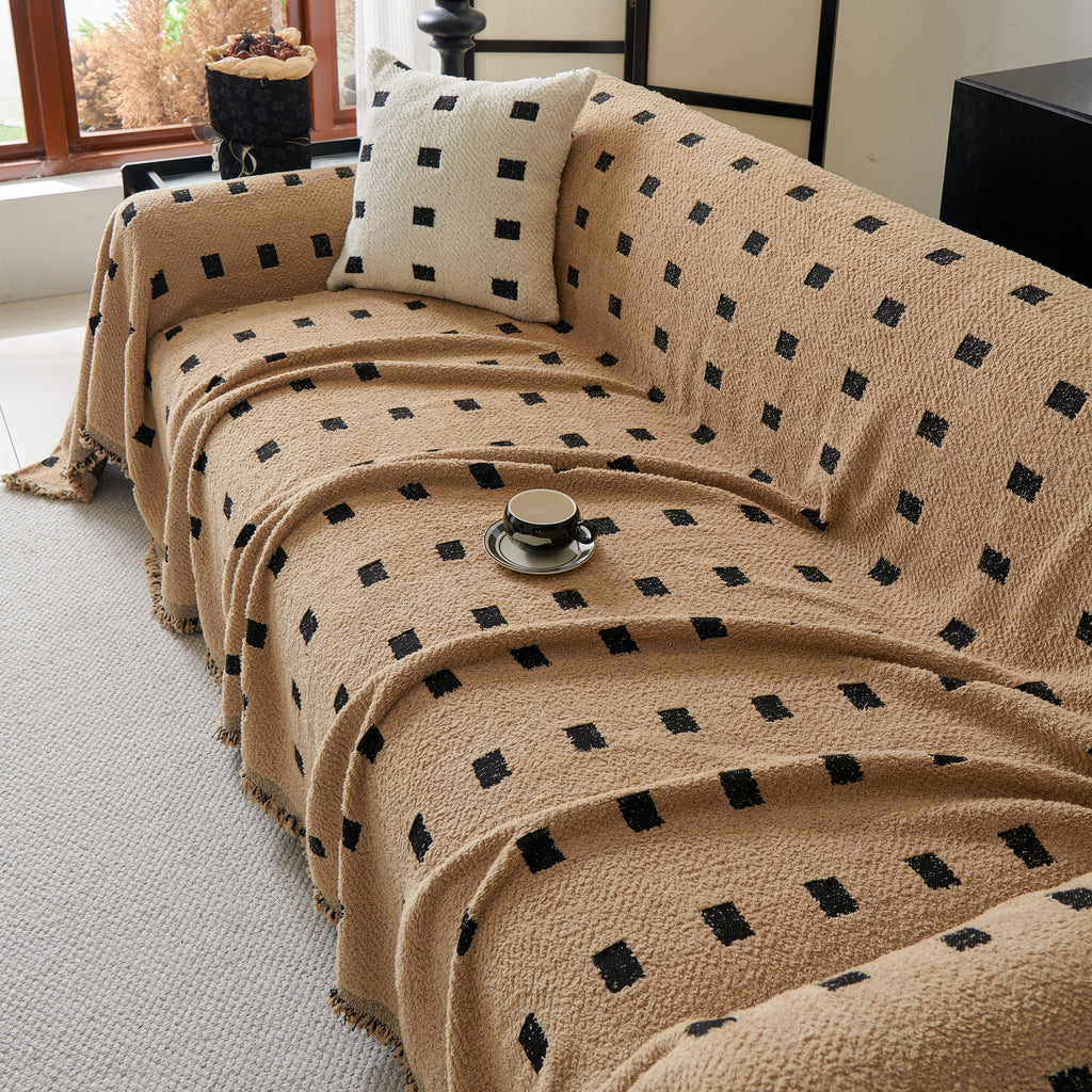 Sofa Throw Blanket with Woven Geometric Pattern & Tassels, Soft & Thick Couch Cover
