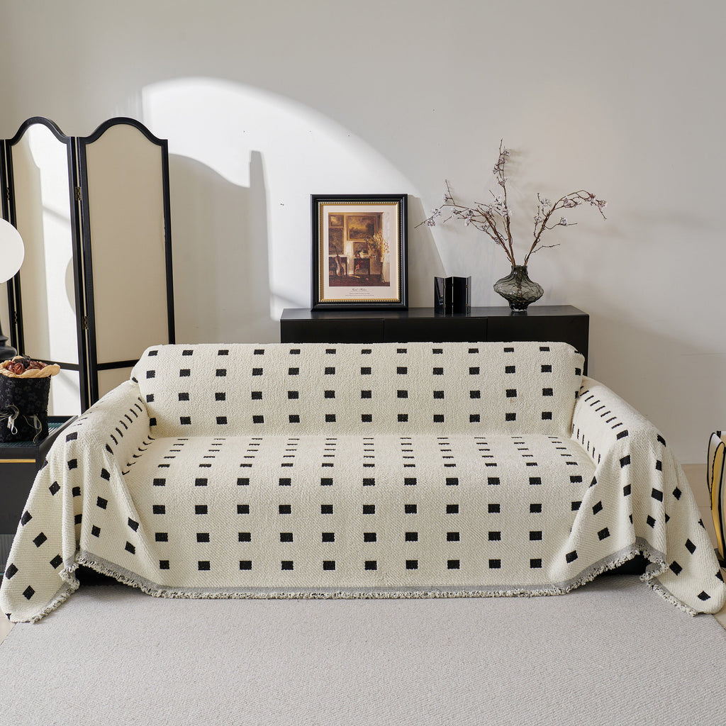 Sofa Throw Blanket with Woven Geometric Pattern & Tassels, Soft & Thick Couch Cover