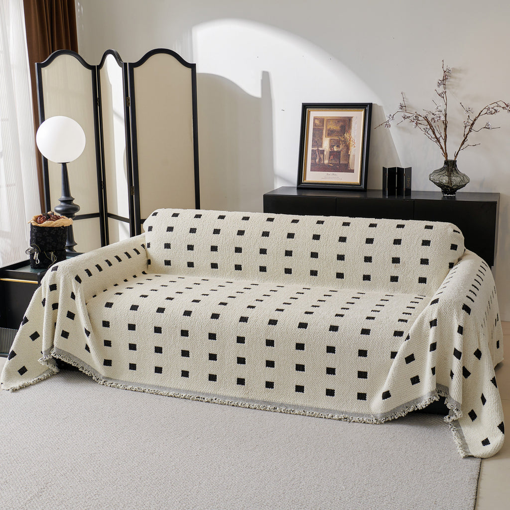 Sofa Throw Blanket with Woven Geometric Pattern & Tassels, Soft & Thick Couch Cover