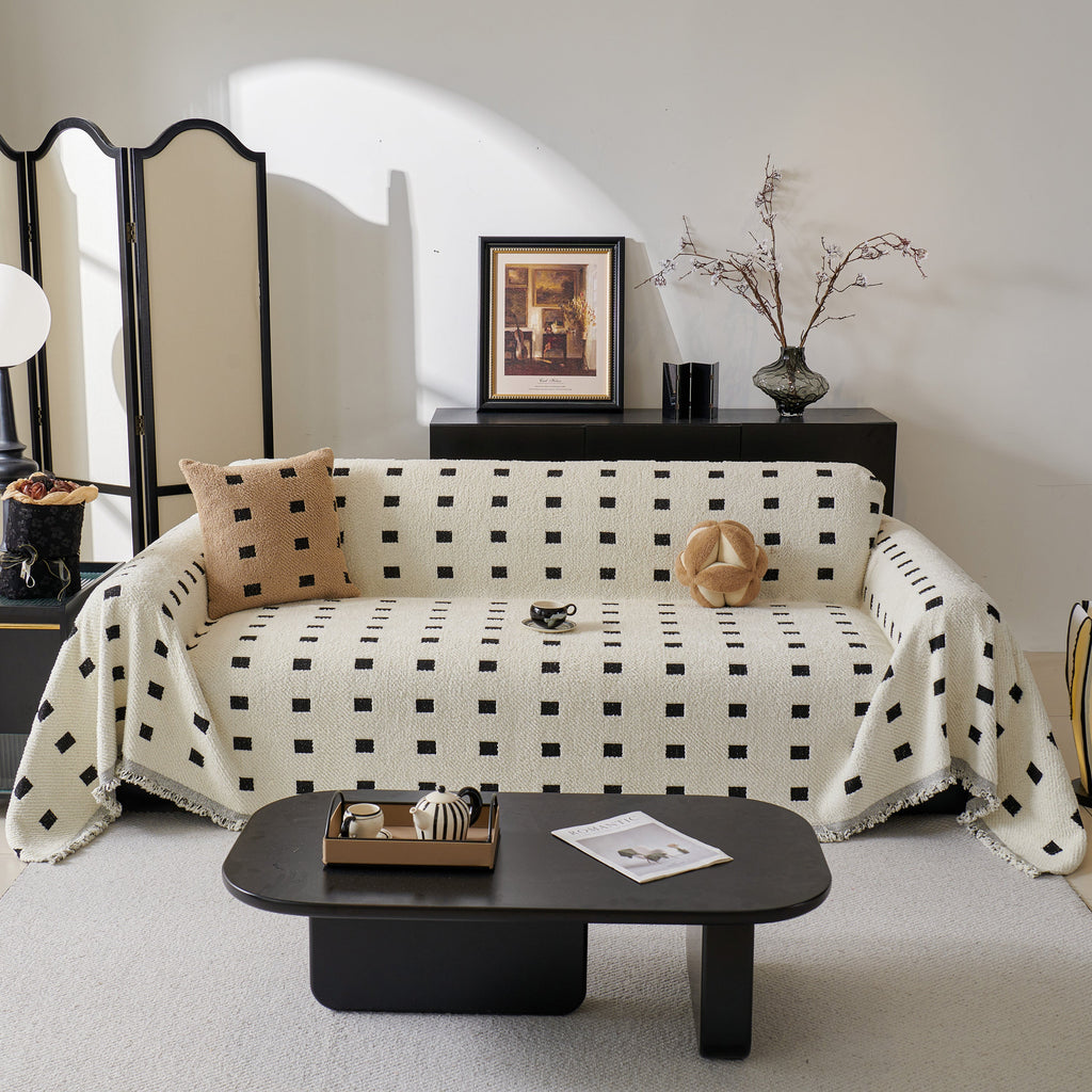 Sofa Throw Blanket with Woven Geometric Pattern & Tassels, Soft & Thick Couch Cover
