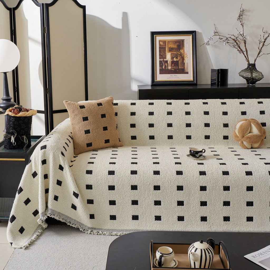 Sofa Throw Blanket with Woven Geometric Pattern & Tassels, Soft & Thick Couch Cover