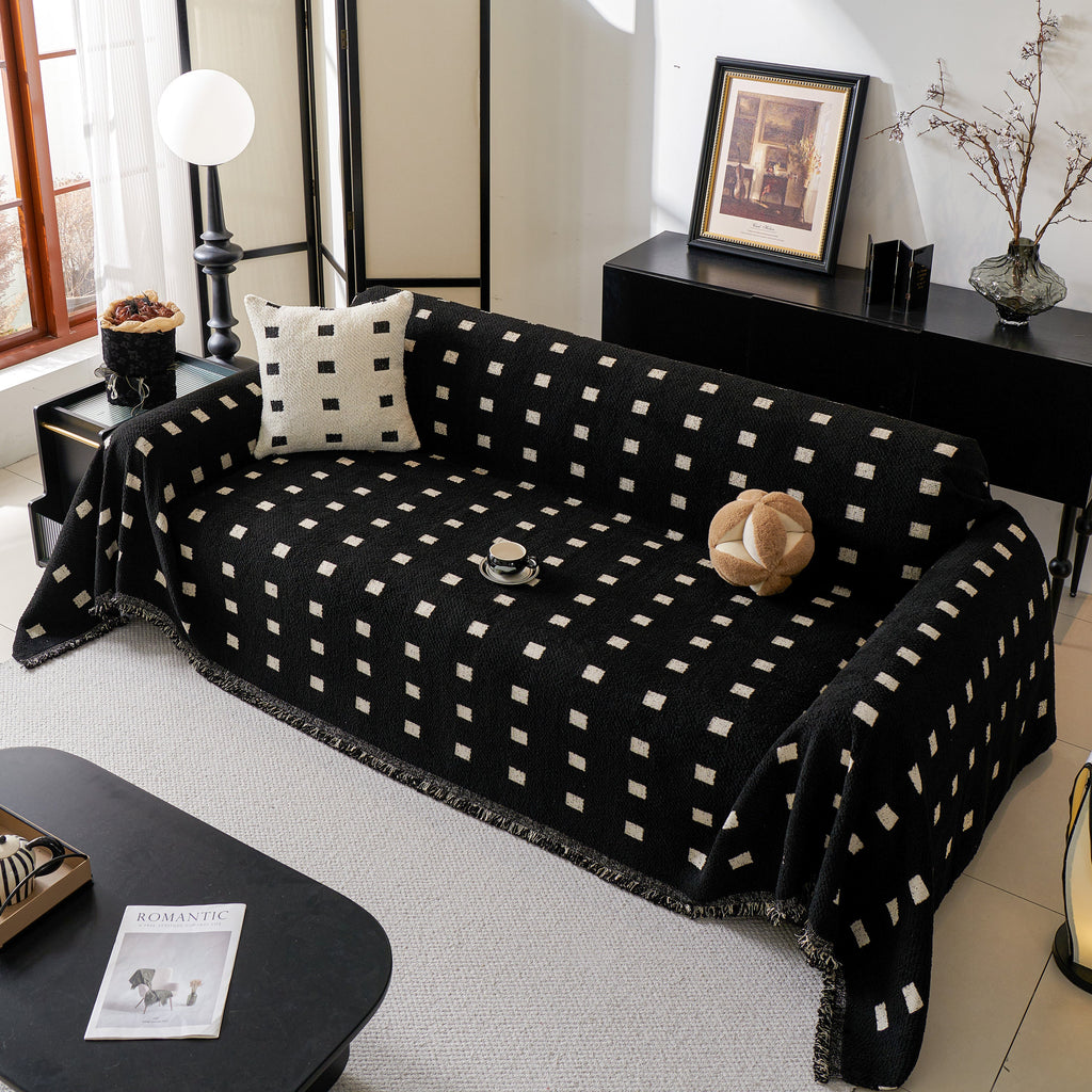Sofa Throw Blanket with Woven Geometric Pattern & Tassels, Soft & Thick Couch Cover