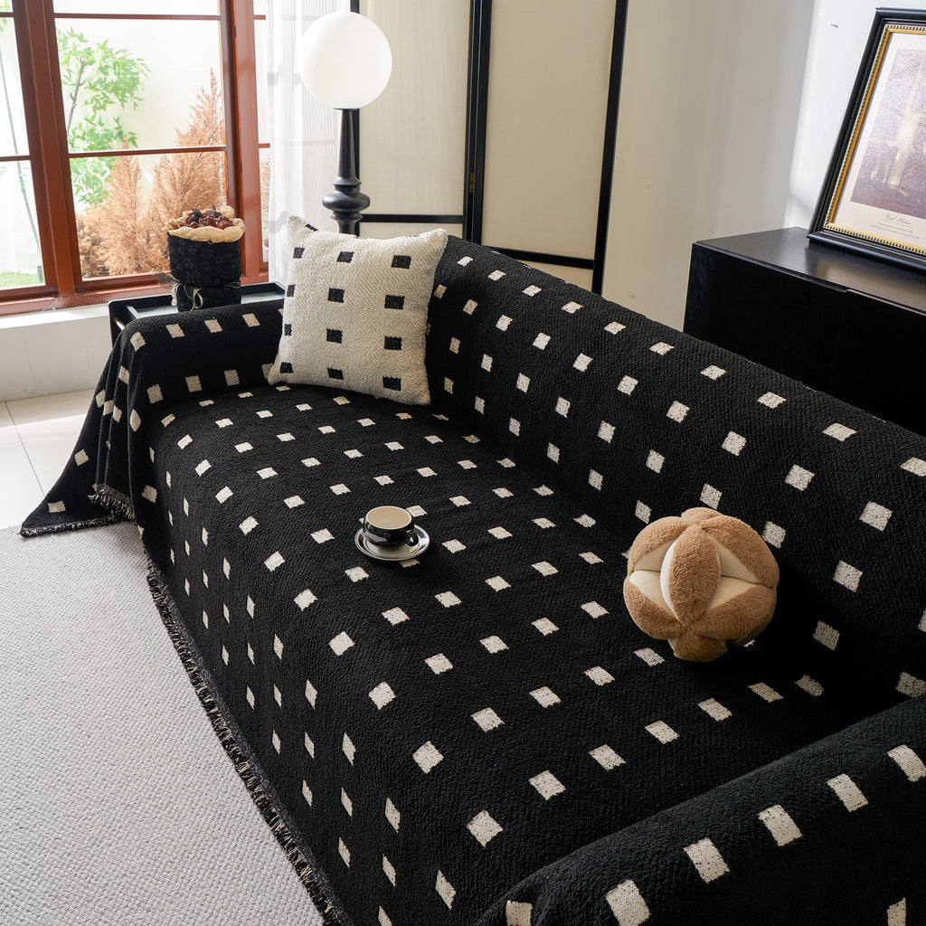 Sofa Throw Blanket with Woven Geometric Pattern & Tassels, Soft & Thick Couch Cover