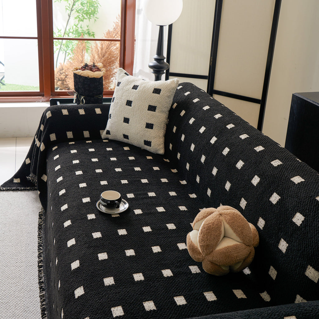 Sofa Throw Blanket with Woven Geometric Pattern & Tassels, Soft & Thick Couch Cover