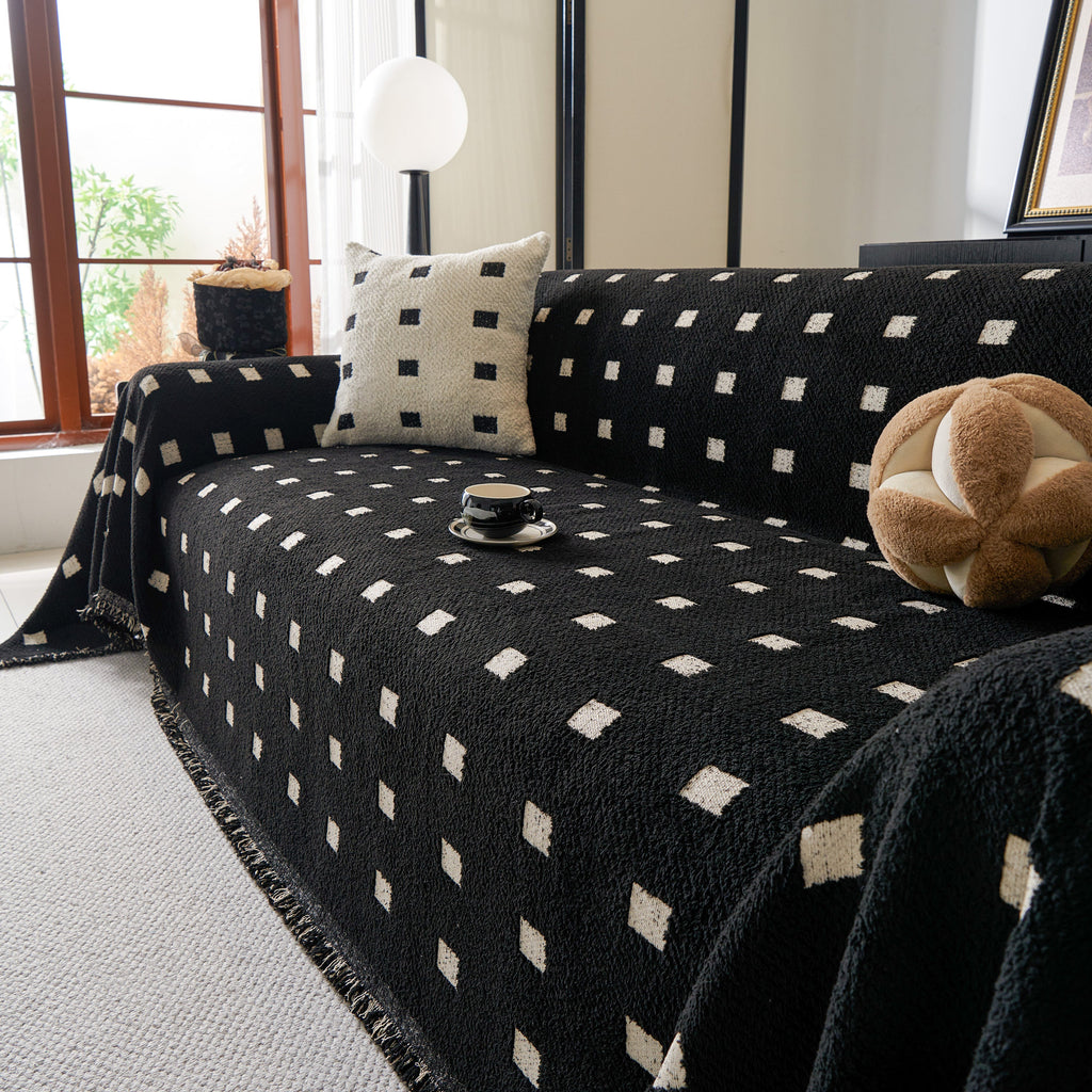 Sofa Throw Blanket with Woven Geometric Pattern & Tassels, Soft & Thick Couch Cover