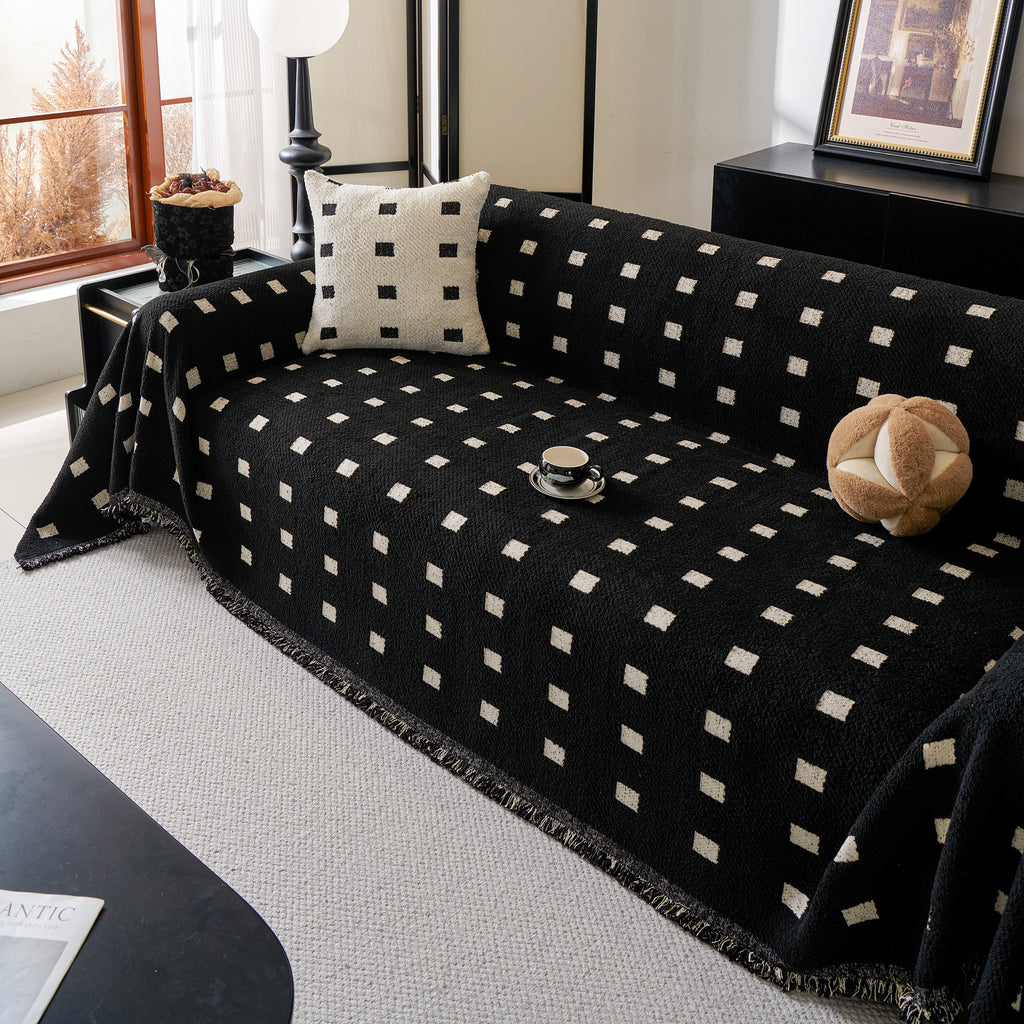Sofa Throw Blanket with Woven Geometric Pattern & Tassels, Soft & Thick Couch Cover