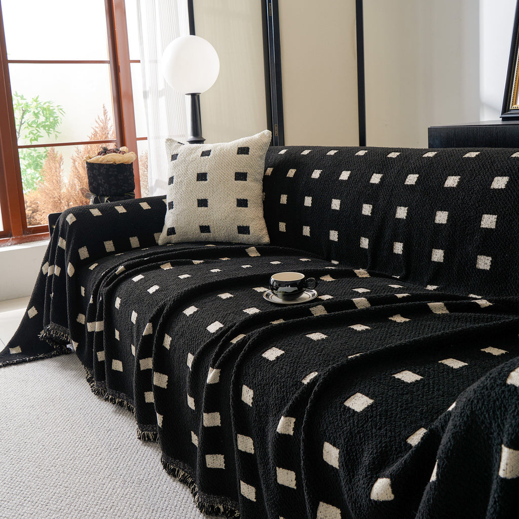 Sofa Throw Blanket with Woven Geometric Pattern & Tassels, Soft & Thick Couch Cover