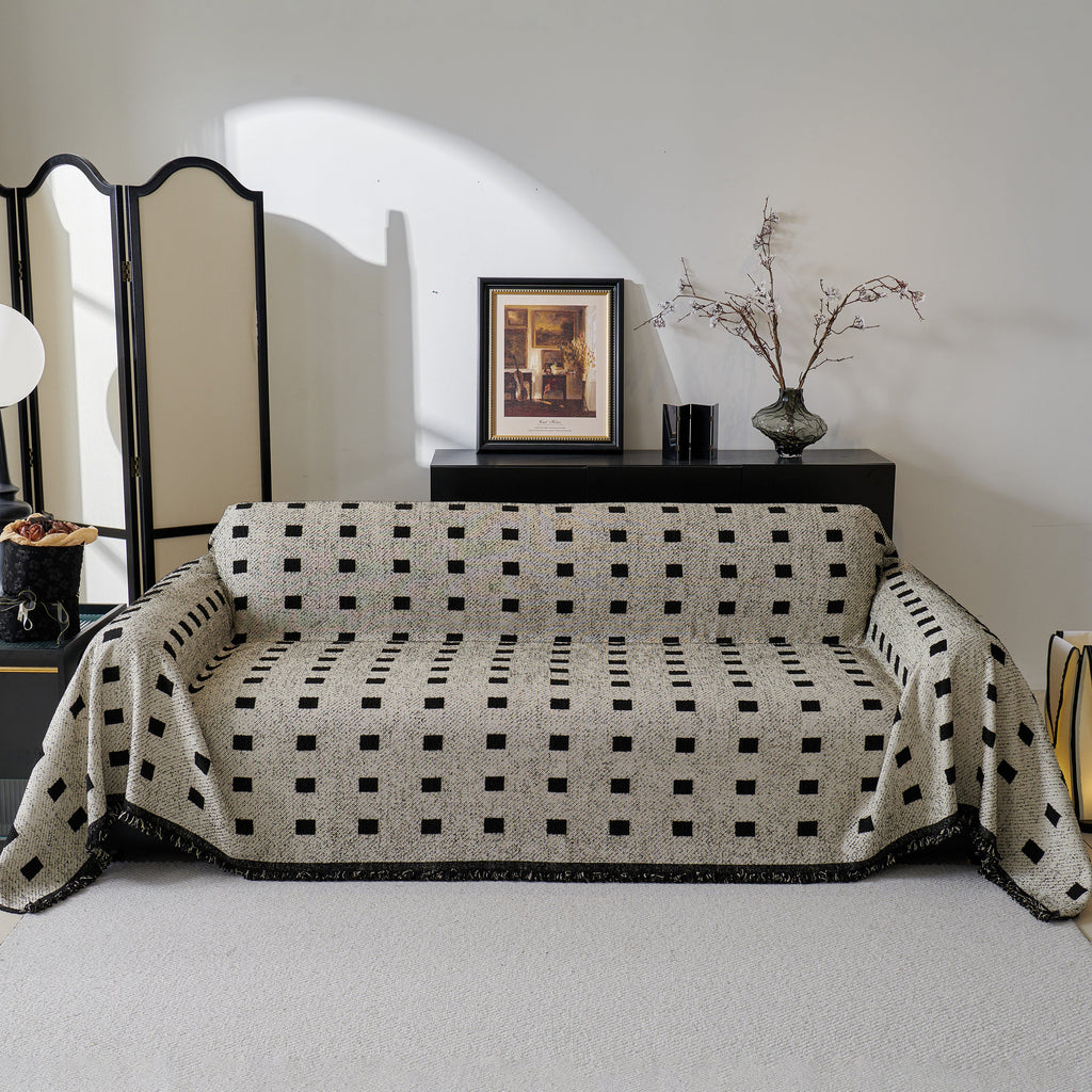 Sofa Throw Blanket with Woven Geometric Pattern & Tassels, Soft & Thick Couch Cover