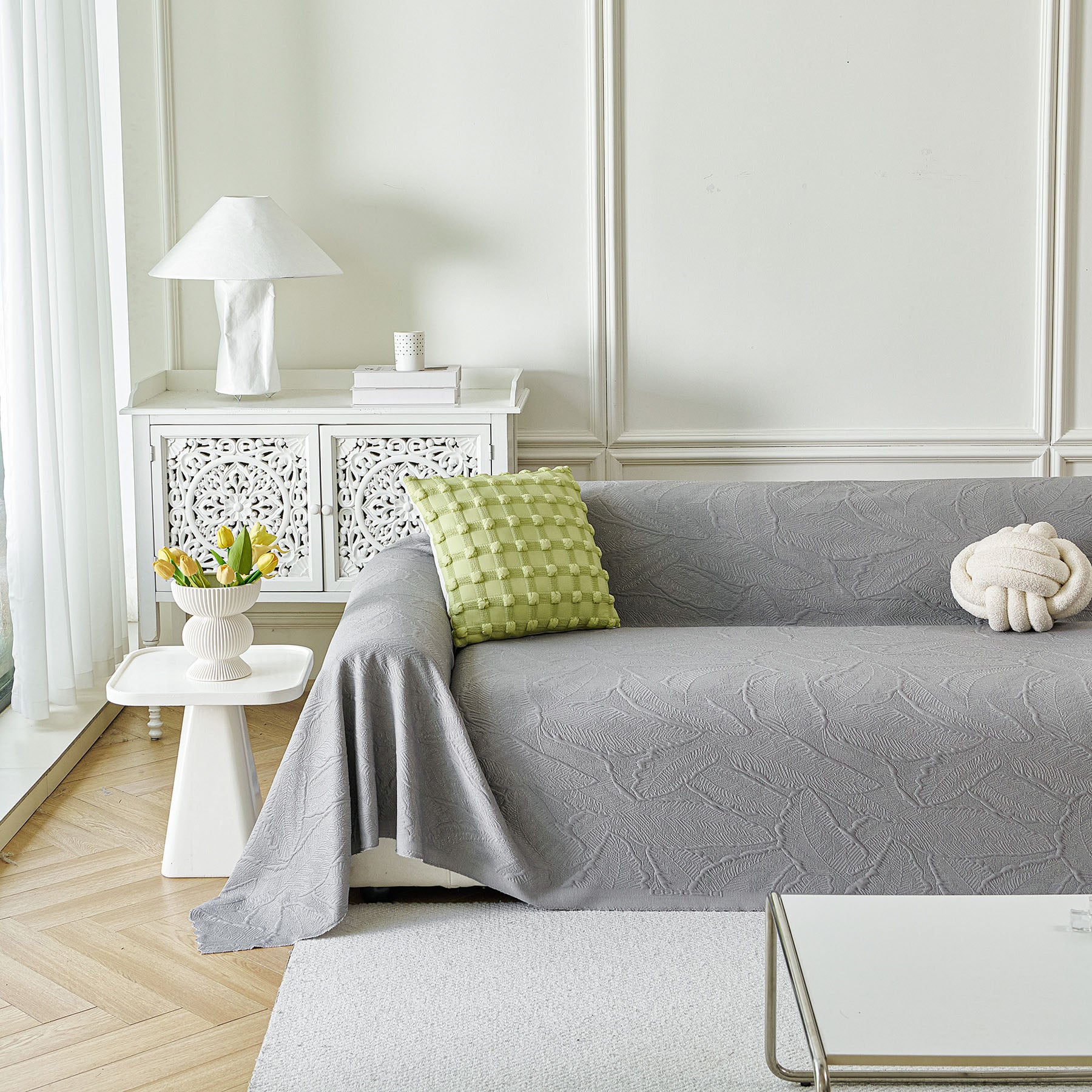 Embossed Leaf Pattern Sofa Cover Blanket for Couch, Soft Cooling Textured Couch Cover