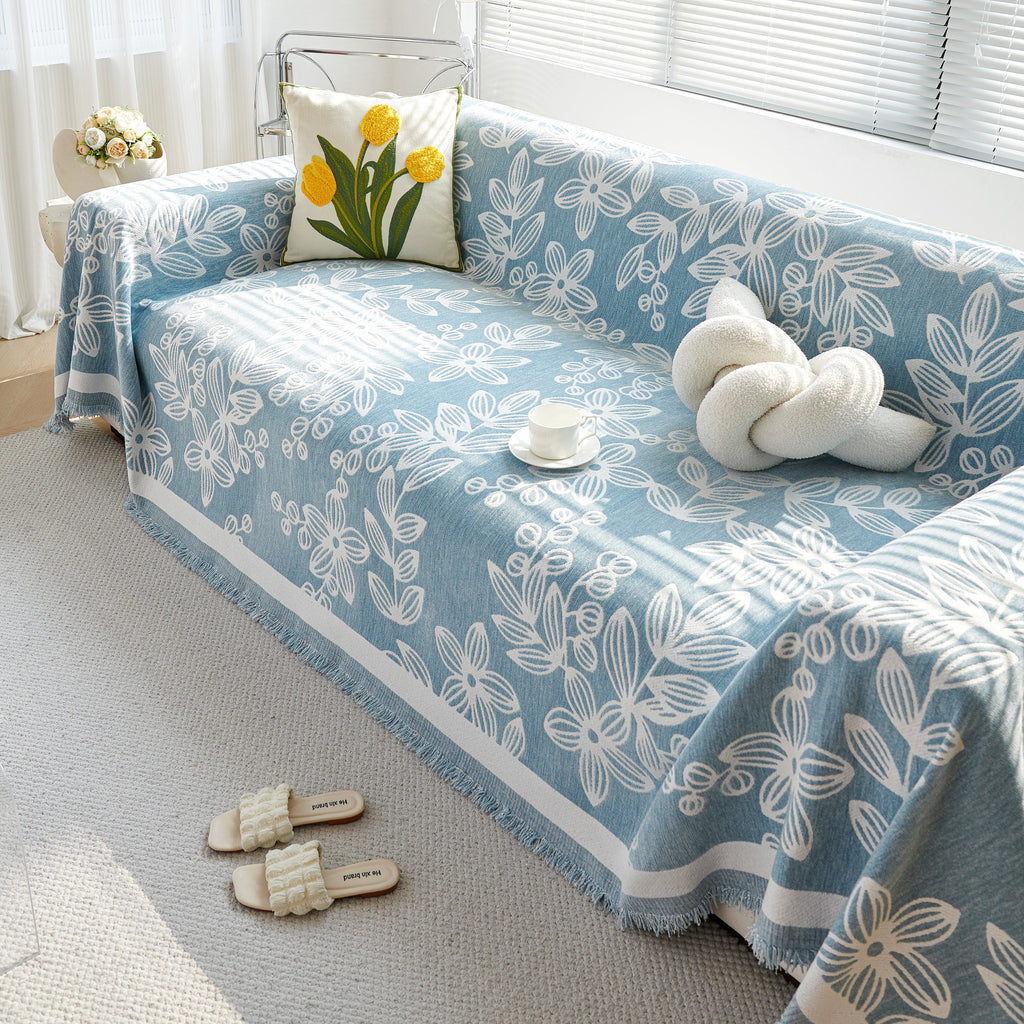 Floral Symphony Couch Throw Cover with Tassel, Chenille Sofa Cover with Leafy Melodies for Sectional