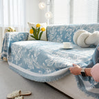 Floral Symphony Couch Throw Cover with Tassel, Chenille Sofa Cover with Leafy Melodies for Sectional