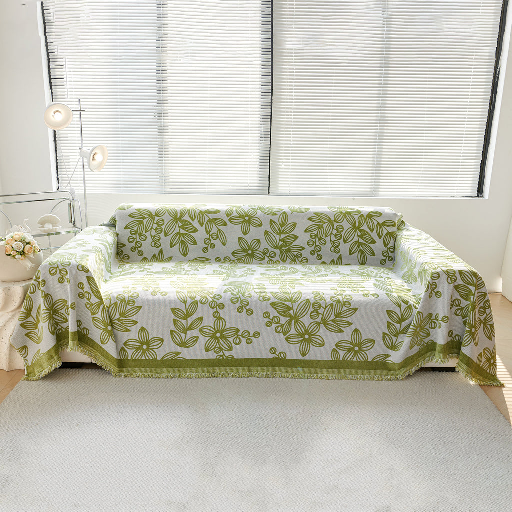 Floral Symphony Couch Throw Cover with Tassel, Chenille Sofa Cover with Leafy Melodies for Sectional