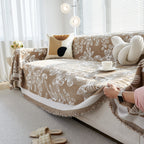 Floral Symphony Couch Throw Cover with Tassel, Chenille Sofa Cover with Leafy Melodies for Sectional