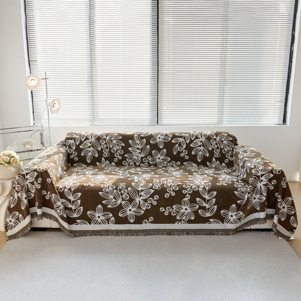 Floral Symphony Couch Throw Cover with Tassel, Chenille Sofa Cover with Leafy Melodies for Sectional
