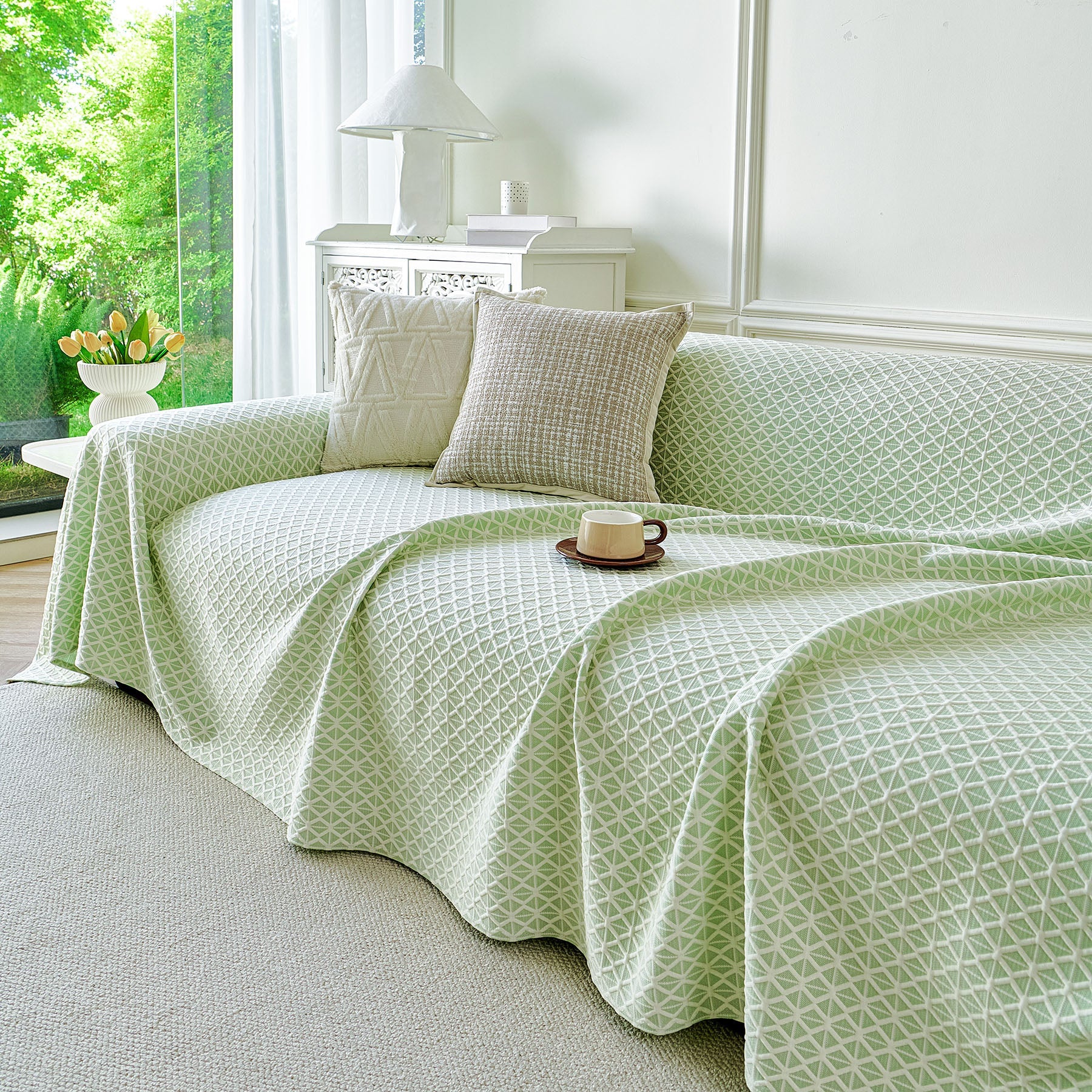 Fresh Geometric Sofa Throw Cover, Modern Textured Breathable Couch Protector Blanket