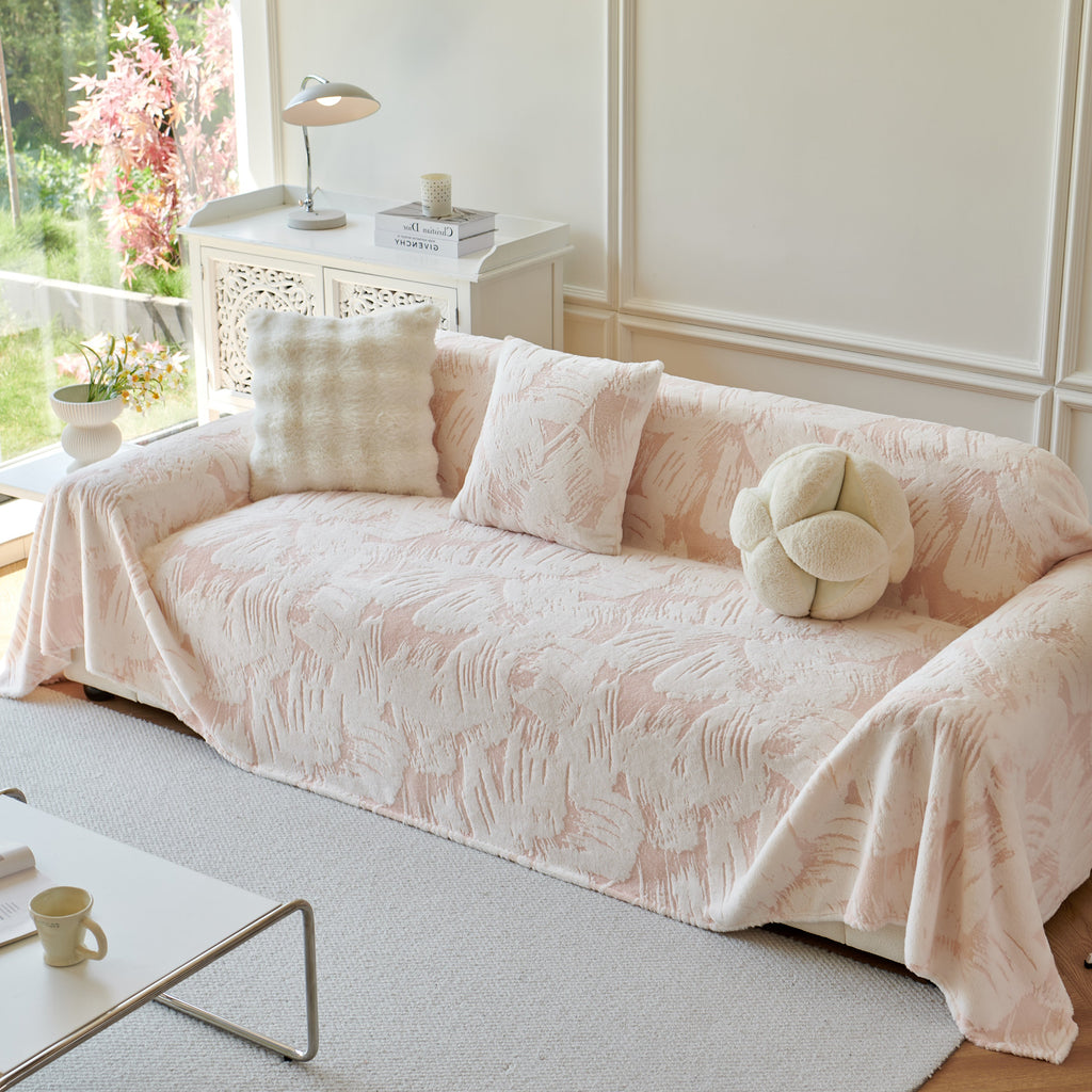 Plush Faux Fur Warm Sofa Cover with Waves Jacquard Textured Throw Blankets for Couch