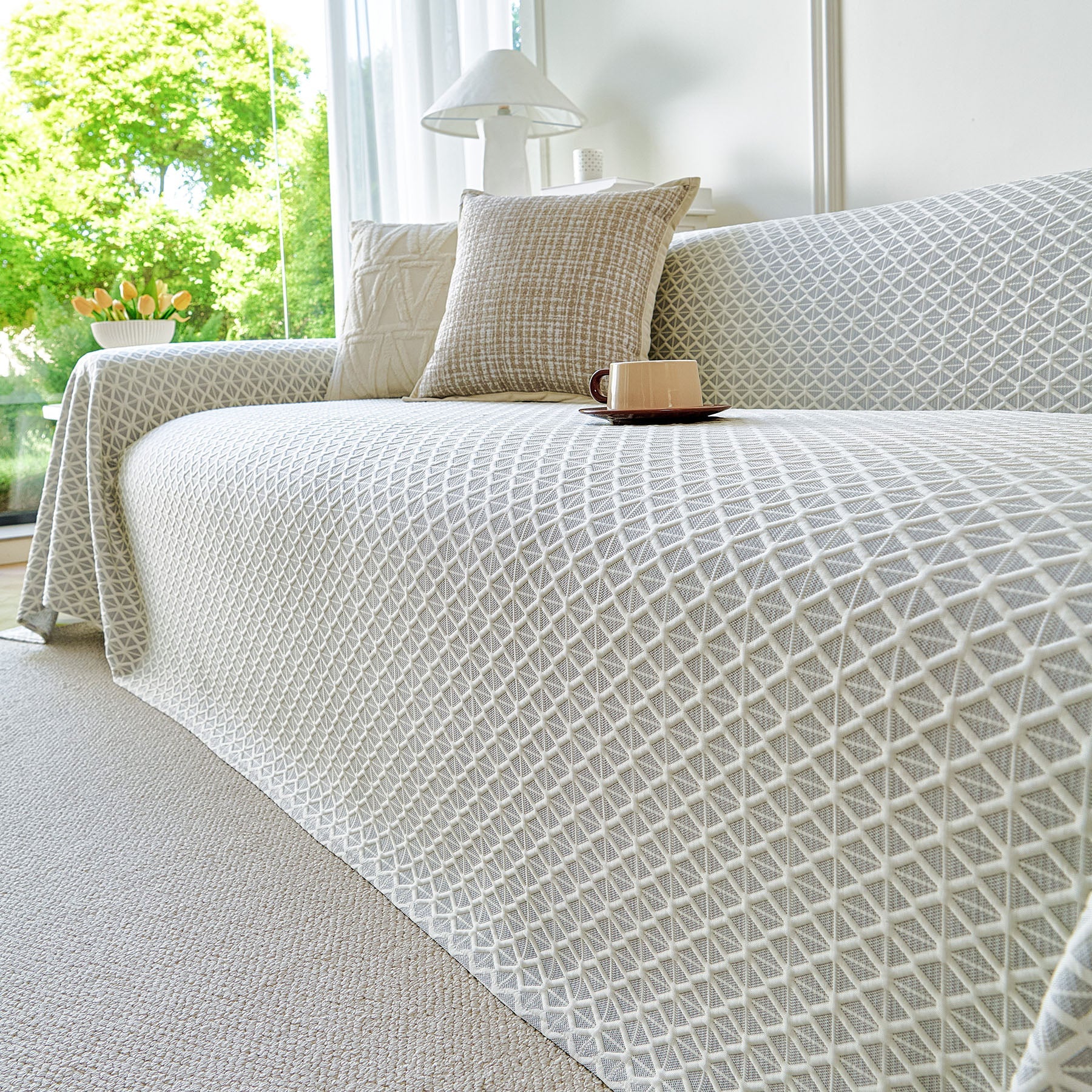 Fresh Geometric Sofa Throw Cover, Modern Textured Breathable Couch Protector Blanket