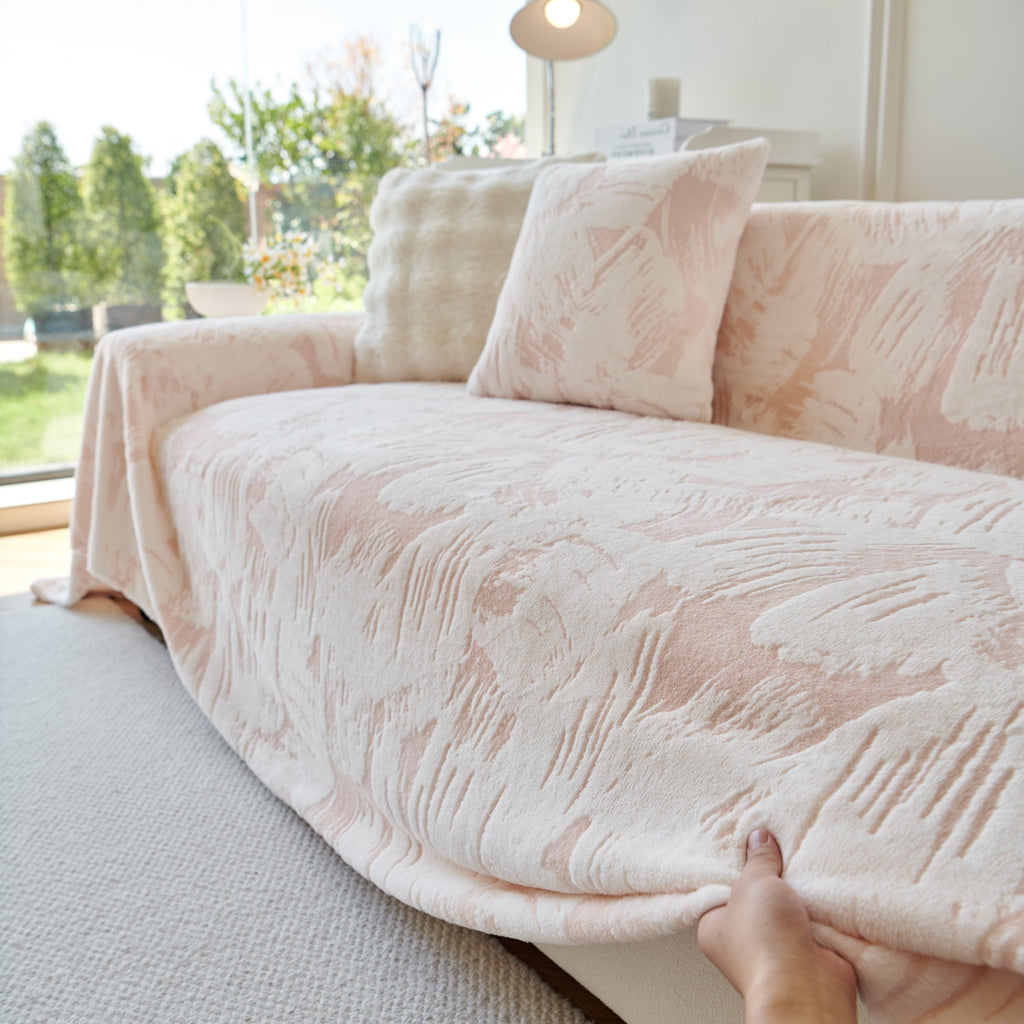 Plush Faux Fur Warm Sofa Cover with Waves Jacquard Textured Throw Blankets for Couch