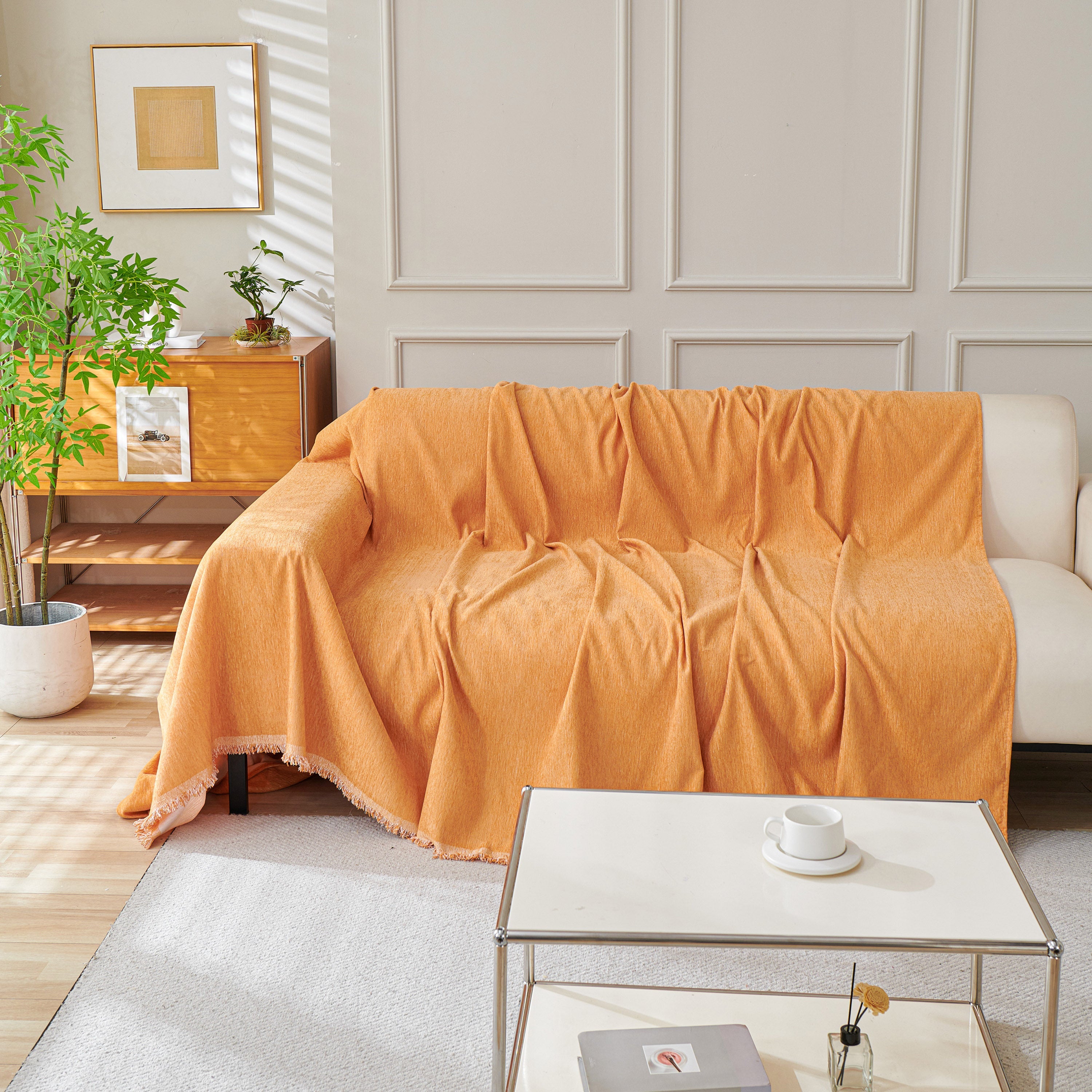 Solid Color Chenille Sofa Throw Blanket, Cozy & Easy Care Fringed Furniture Protector