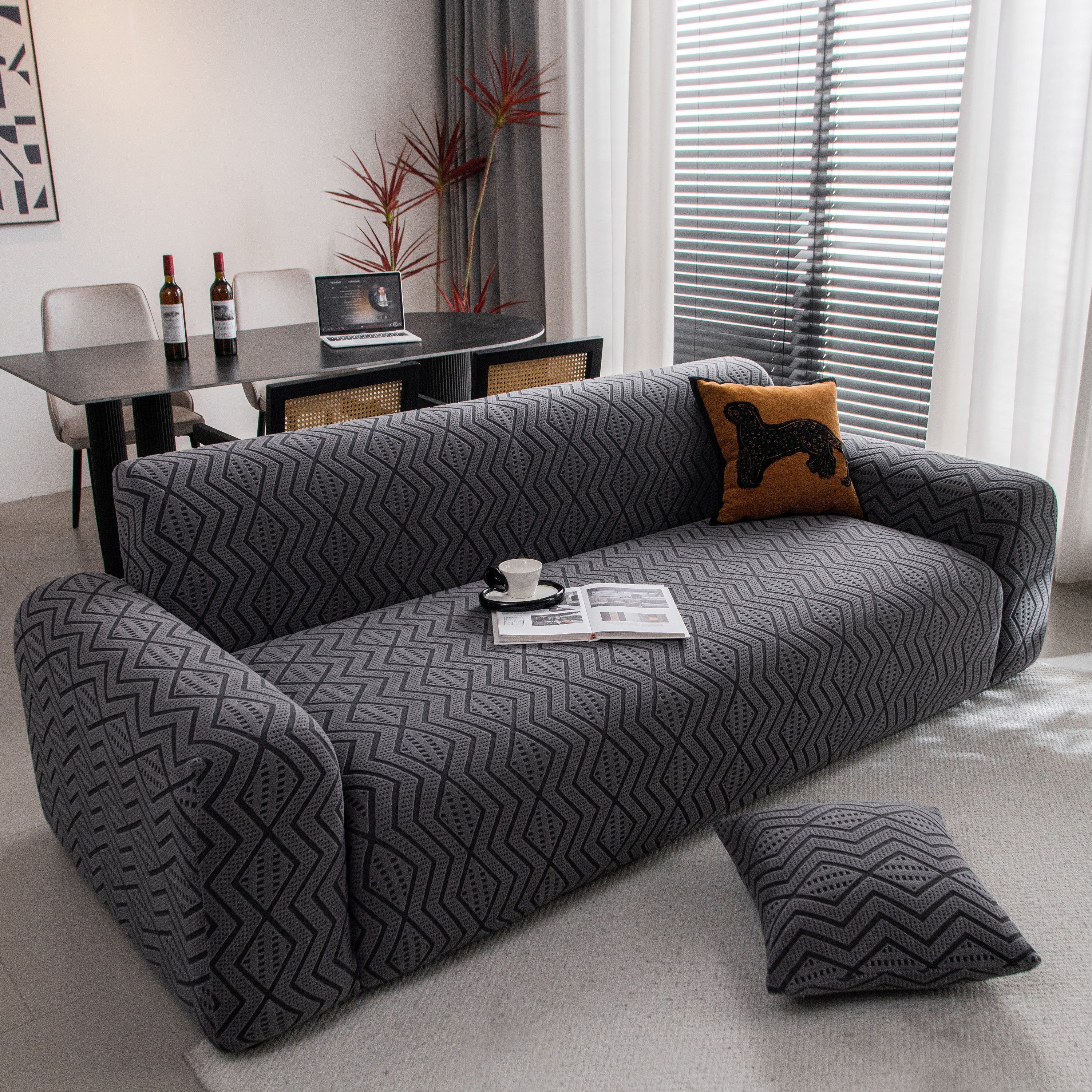 Modern Geometric Jacquard Sofa Slipcover, High Stretch 1-Piece Textured Couch Cover