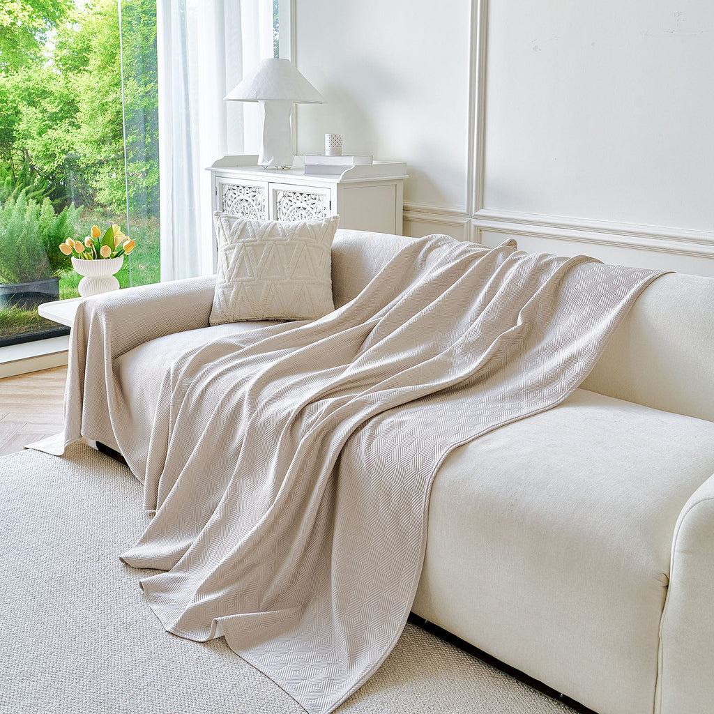 Cooling Ice Silk Soft Sofa Cover Blanket, Woven Geometric Textured Modern Couch Cover