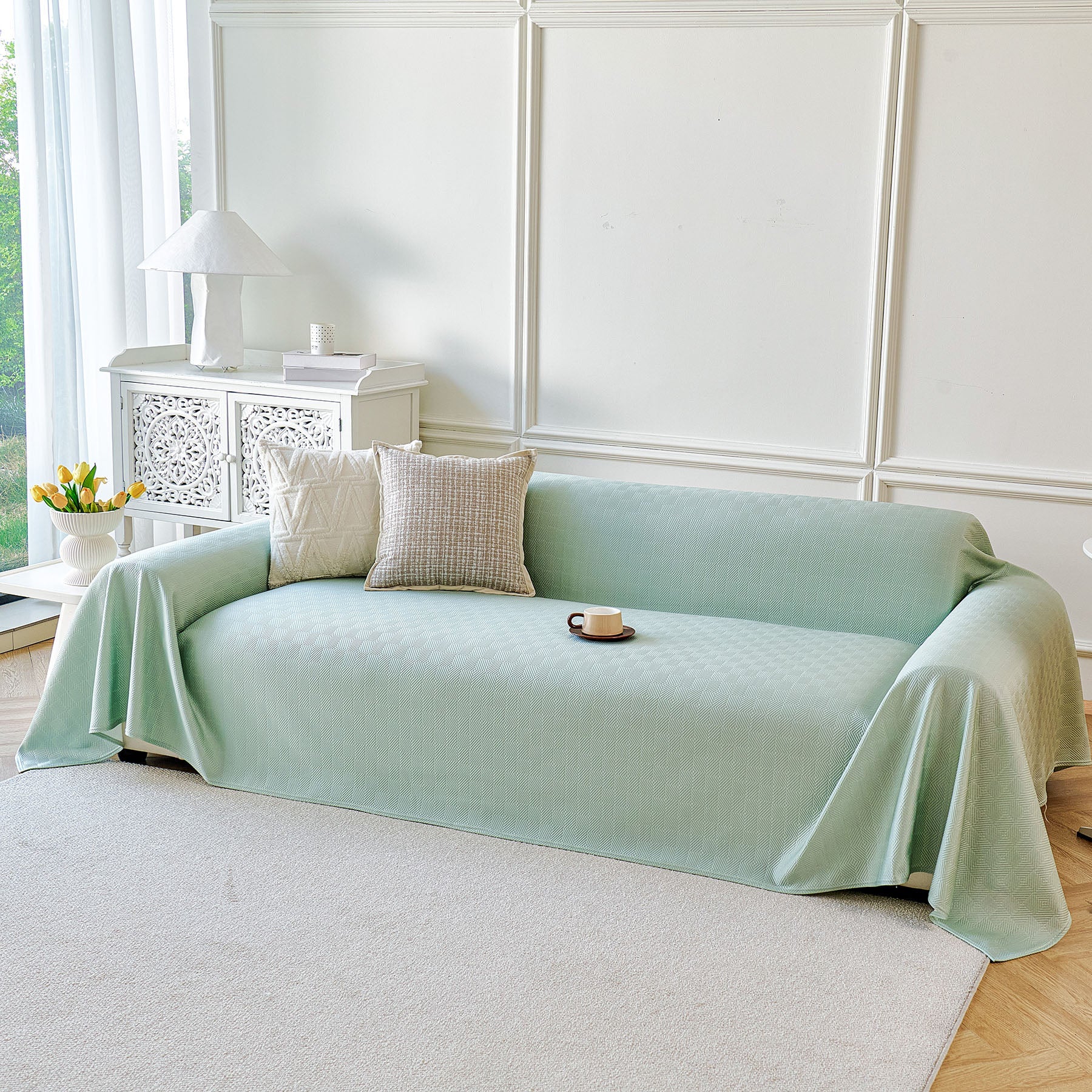 Cooling Ice Silk Soft Sofa Cover Blanket, Woven Geometric Textured Modern Couch Cover