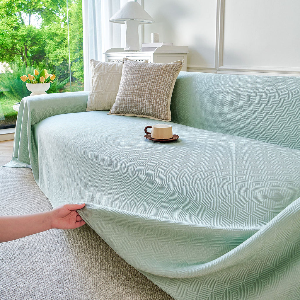 Cooling Ice Silk Soft Sofa Cover Blanket, Woven Geometric Textured Modern Couch Cover