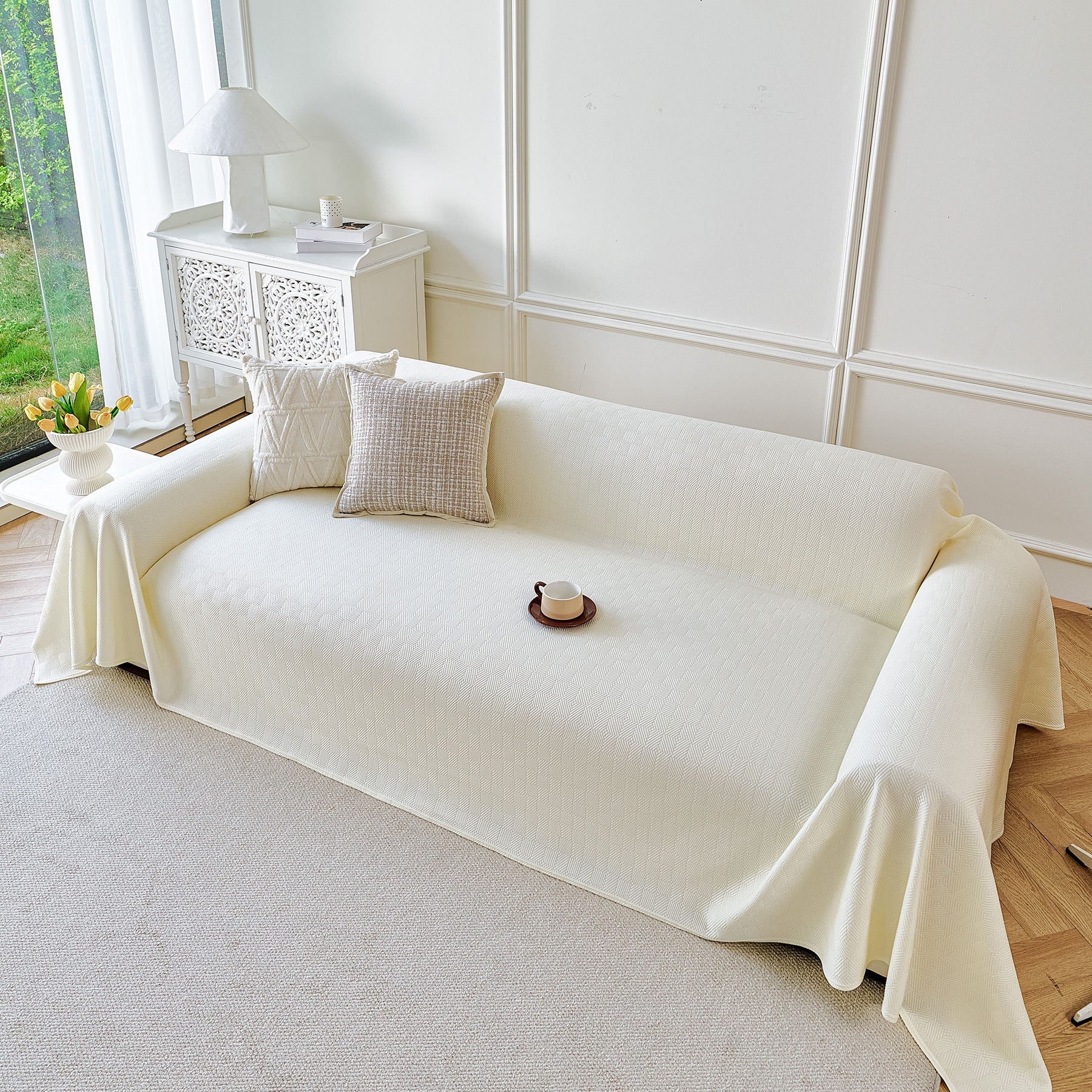 Cooling Ice Silk Soft Sofa Cover Blanket, Woven Geometric Textured Modern Couch Cover