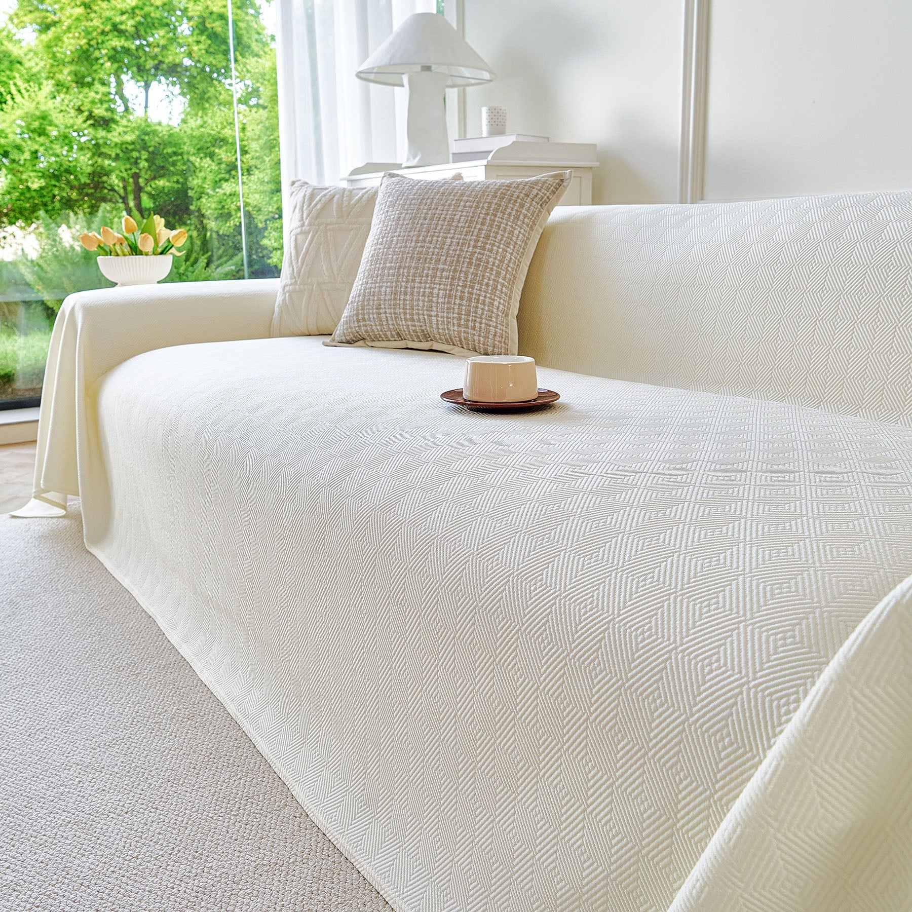 Cooling Ice Silk Soft Sofa Cover Blanket, Woven Geometric Textured Modern Couch Cover