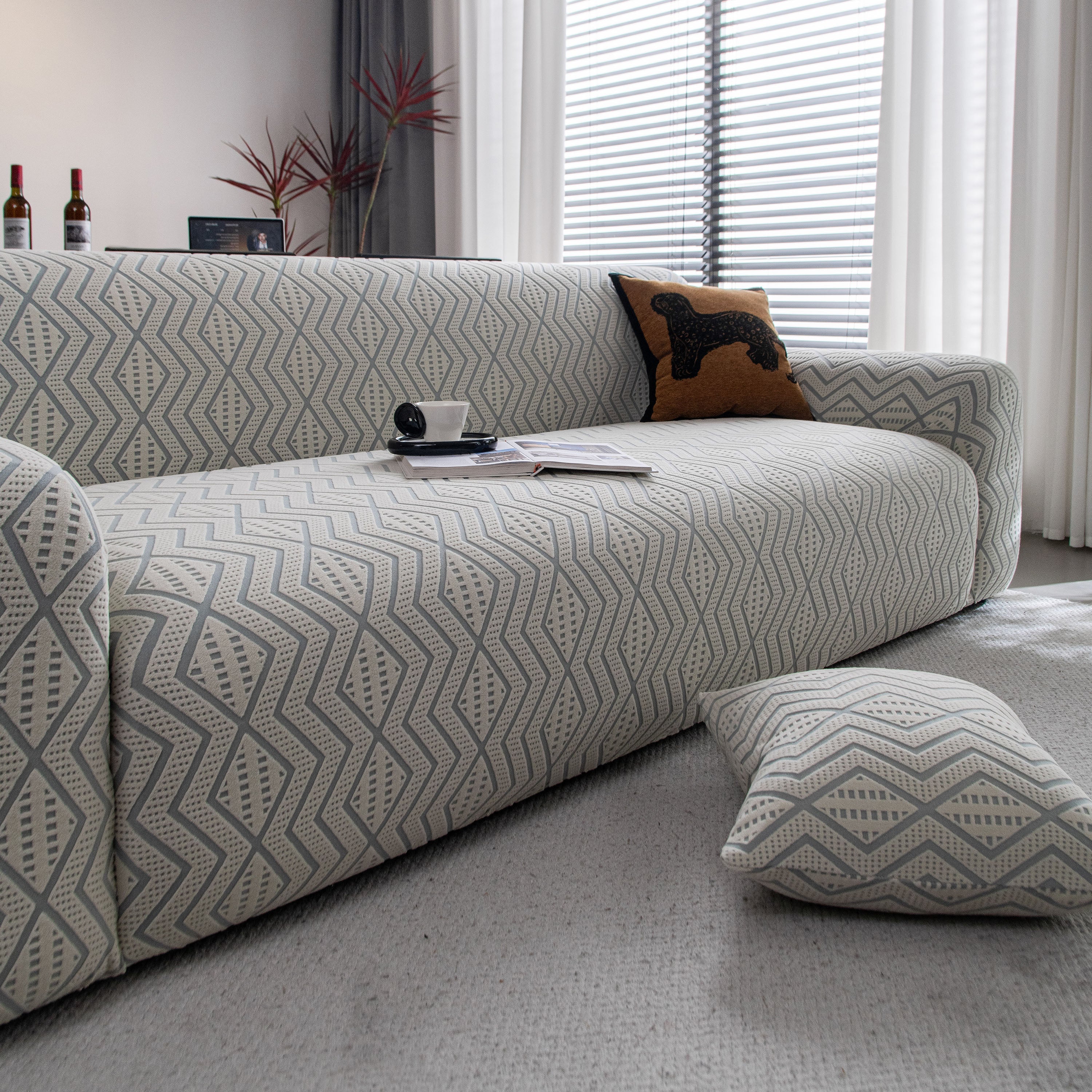 Modern Geometric Jacquard Sofa Slipcover, High Stretch 1-Piece Textured Couch Cover