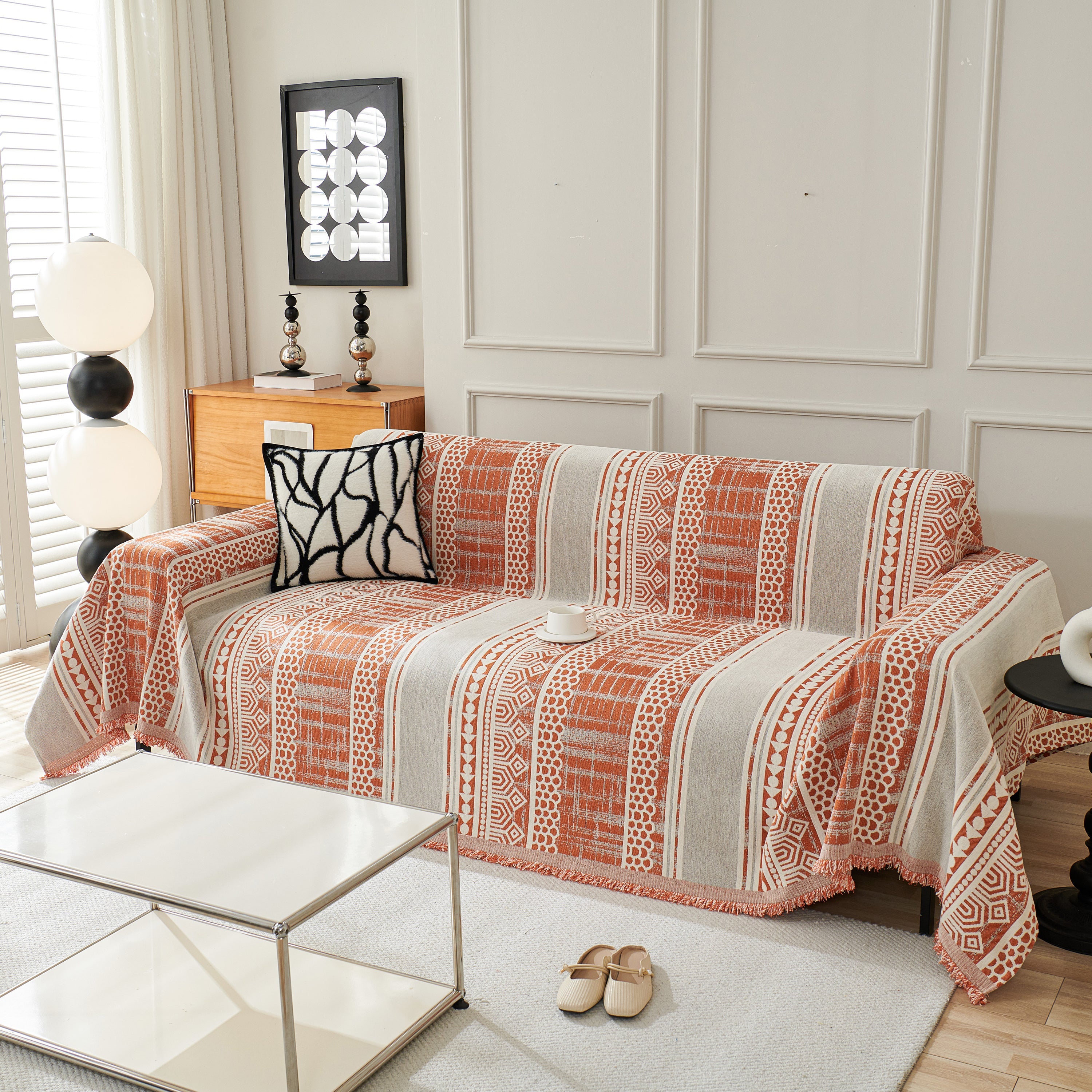 Chenille Sofa Cover Throw Blanket, Boho Geometric Scratch Proof Couch Protector