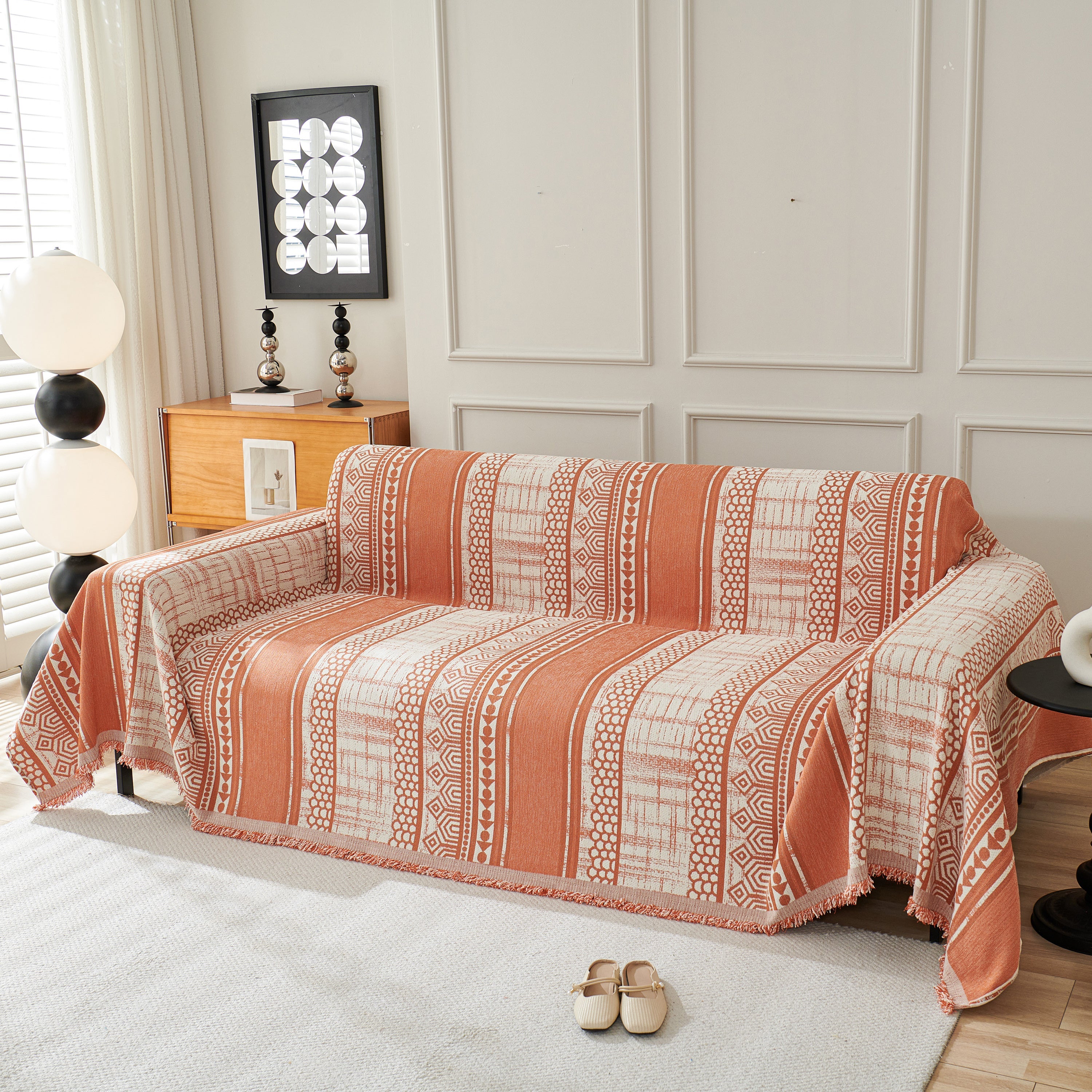 Chenille Sofa Cover Throw Blanket, Boho Geometric Scratch Proof Couch Protector