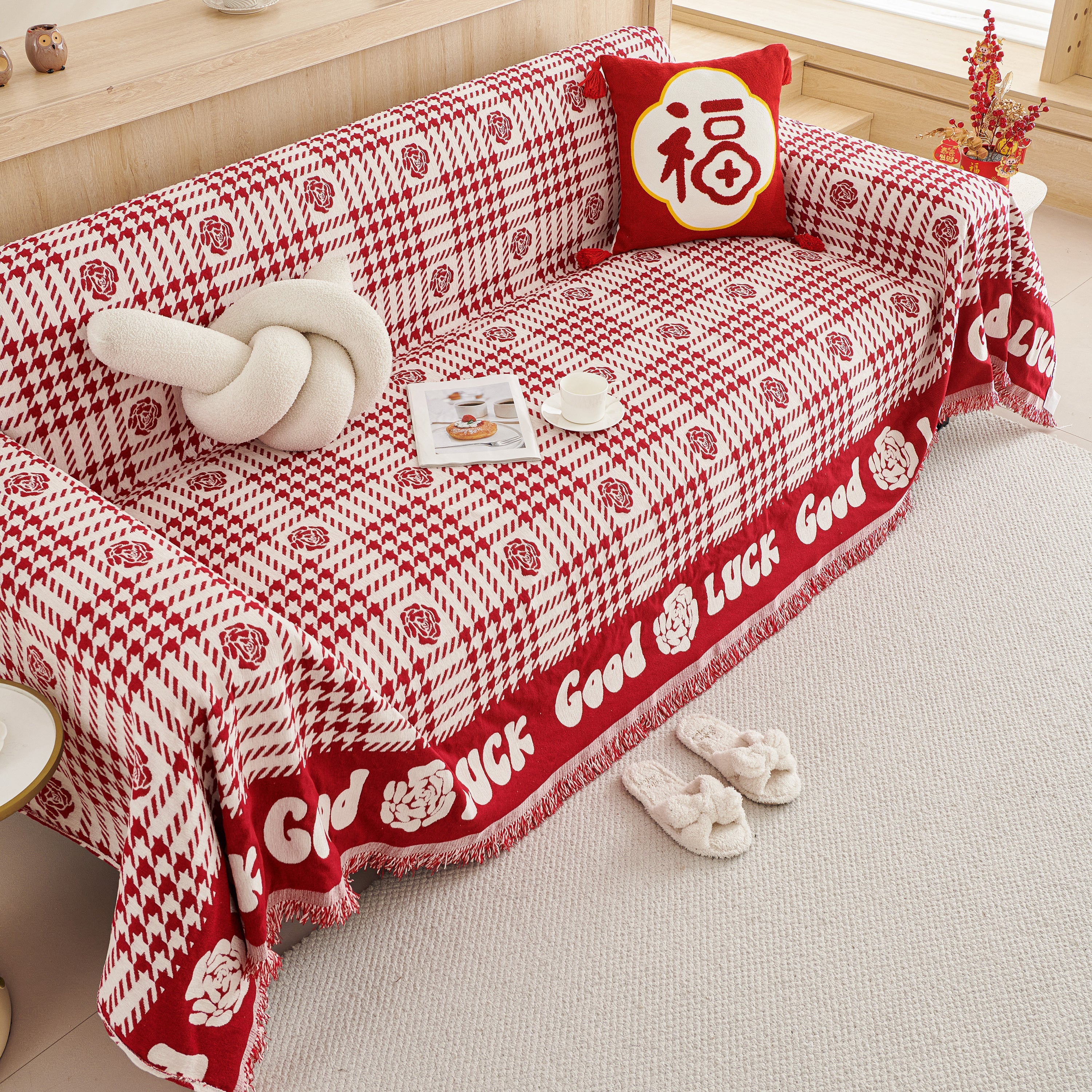 Chenille Houndstooth Sofa Throw Cover, Scratch Proof Cozy Throw Blankets for Couch