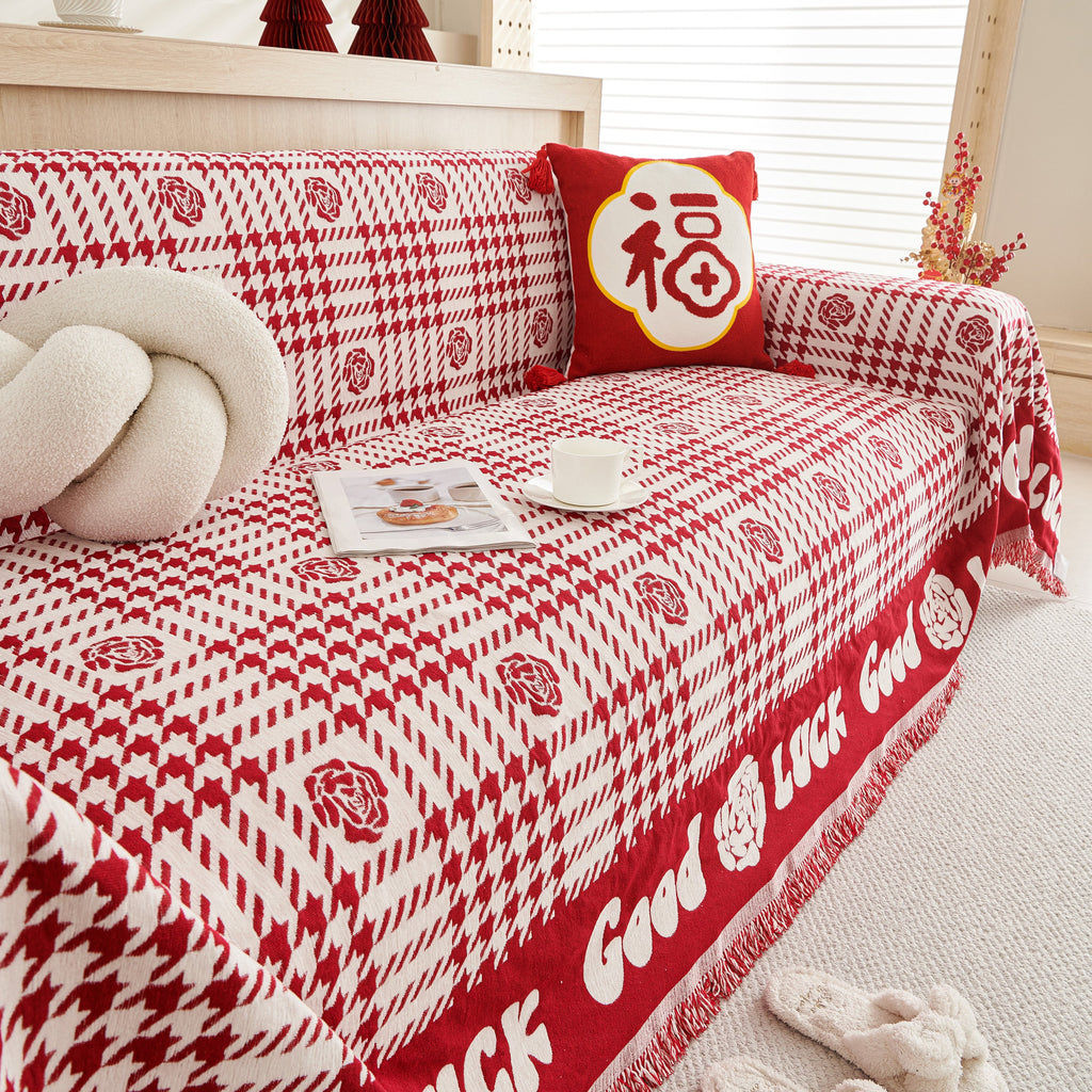 Chenille Houndstooth Sofa Throw Cover, Scratch Proof Cozy Throw Blankets for Couch