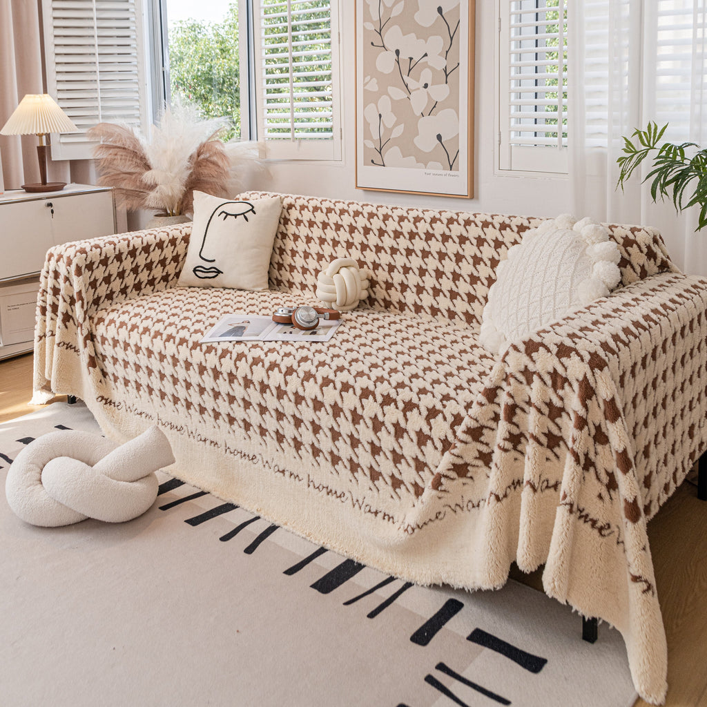 Jacquard Plush Houndstooth Sofa Throw Cover, Cover Throws for Sofas, Stylish Living Room Throws