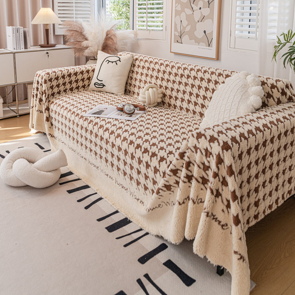 Jacquard Plush Houndstooth Sofa Throw Cover, Cover Throws for Sofas, Stylish Living Room Throws