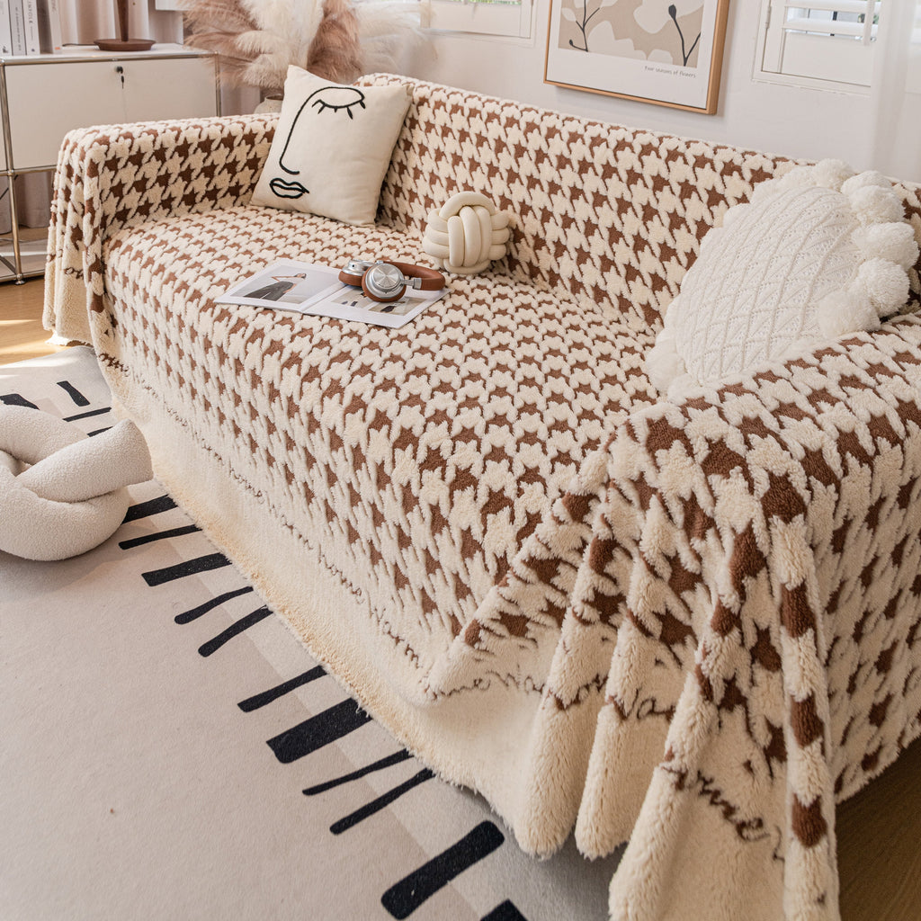 Jacquard Plush Houndstooth Sofa Throw Cover, Cover Throws for Sofas, Stylish Living Room Throws