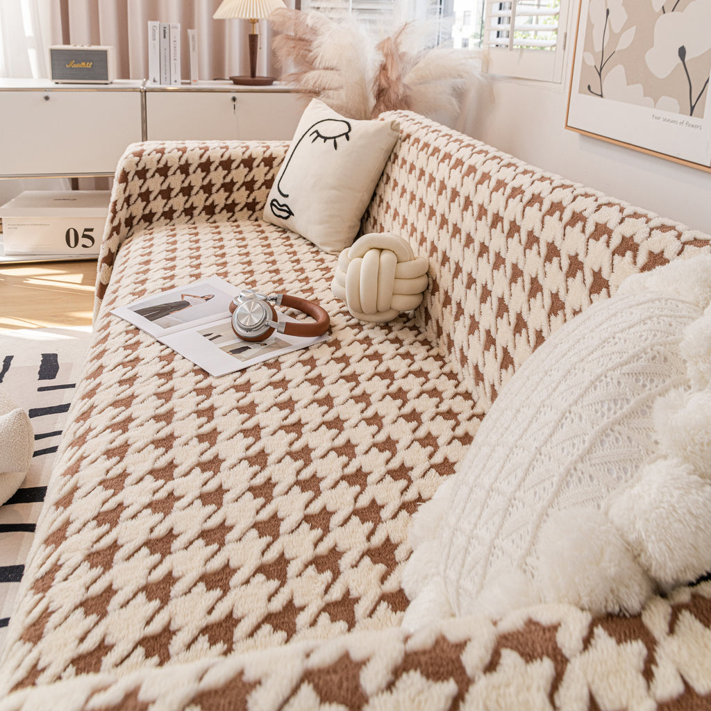 Jacquard Plush Houndstooth Sofa Throw Cover, Cover Throws for Sofas, Stylish Living Room Throws
