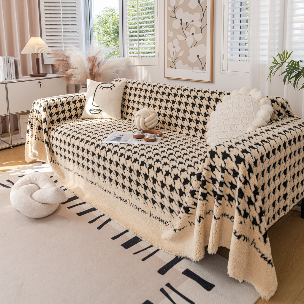 Jacquard Plush Houndstooth Sofa Throw Cover, Cover Throws for Sofas, Stylish Living Room Throws